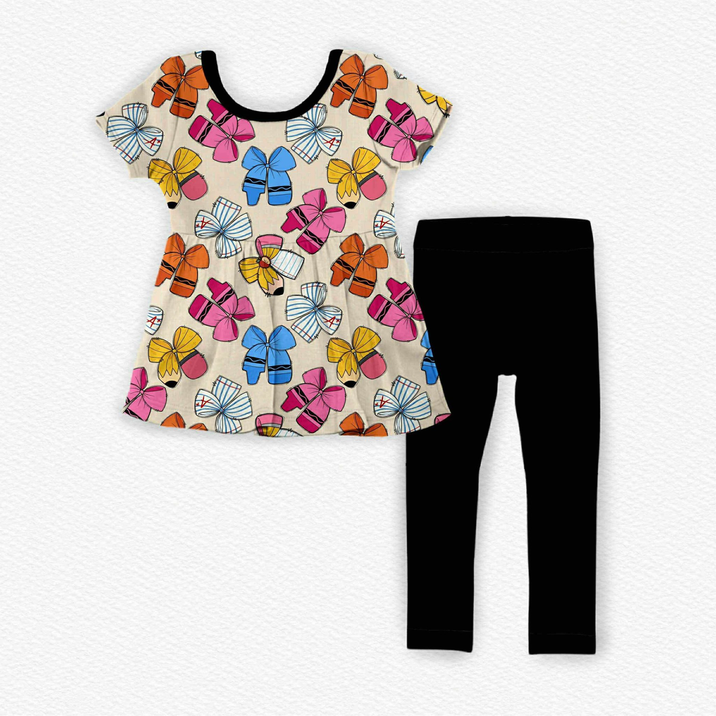 MOQ 5 preorder GSPO2149 A+ Pencil Bow Short Sleeve Black Pants Girls Set 202510
