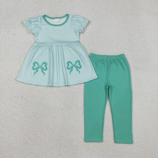 GSPO2151 Embroidered Blue Green Bows Striped Puff Short Sleeve Pants Girls Sets 202512 RTS