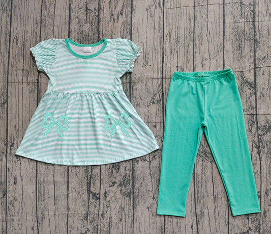 NO MOQ preorder GSPO2151 Embroidered Blue Green Bows Striped Puff Short Sleeve Pants Girls Sets 202511