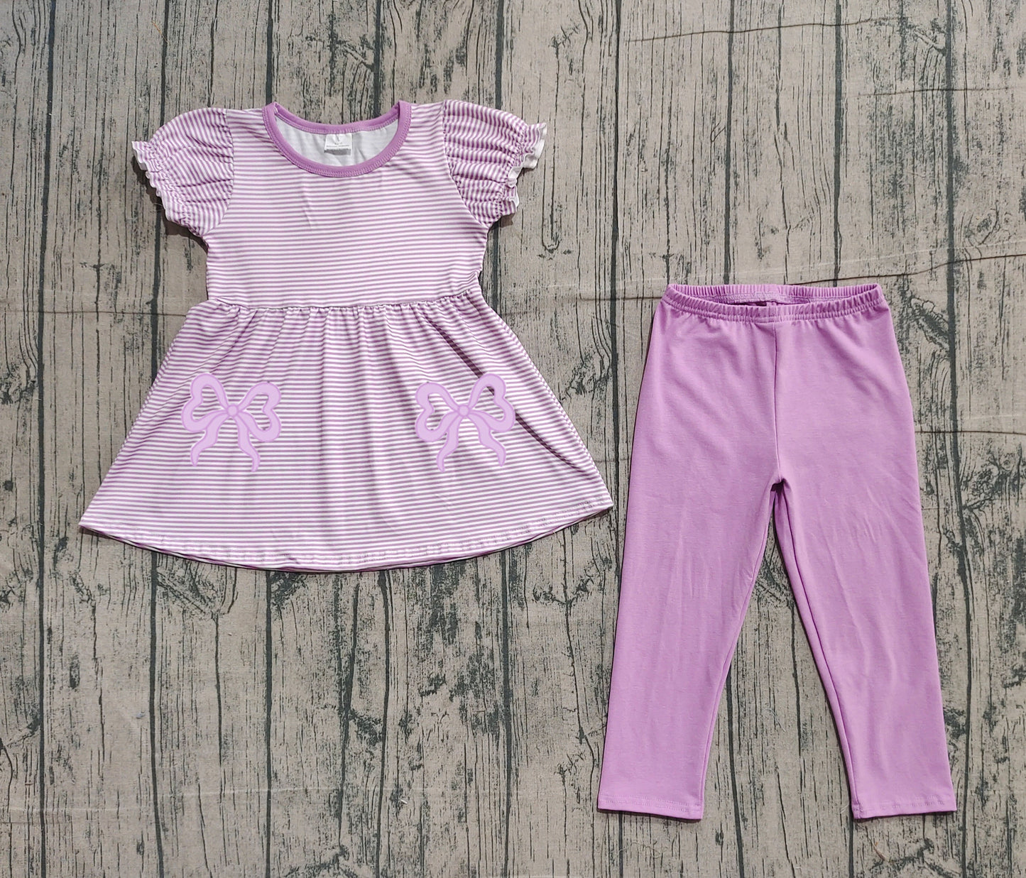 NO MOQ preorder GSPO2153 Embroidered Light Purple Bows Striped Puff Short Sleeve Pants Girls Sets 202511