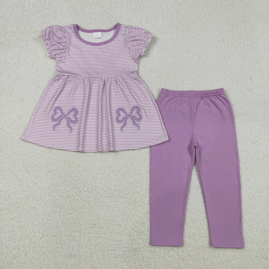 GSPO2153 Embroidered Light Purple Bows Striped Puff Short Sleeve Pants Girls Sets 202512
