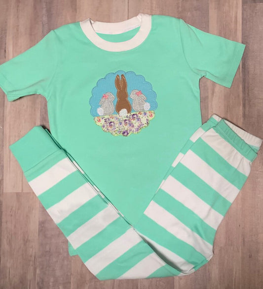 MOQ 5 preorder GSPO2156 Easter Bunny Flower Light Green Short Sleeve Stripe Pants Girls Sets 202510