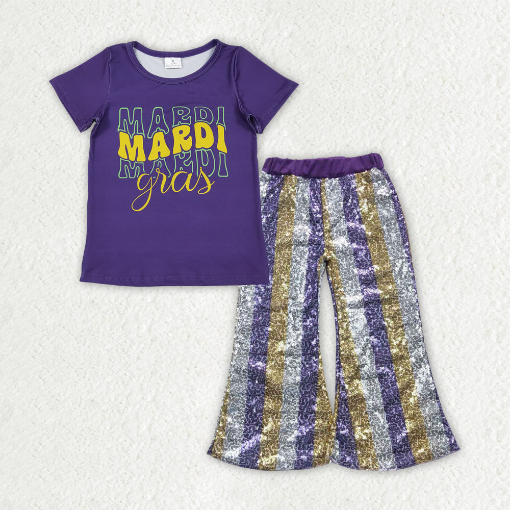 GSPO2162 Mardi Gras Letter Purple Short Sleeve Purple Gold Silver Stripe Sequin Bell Bottom Pants Girls Sets 202510 RTS