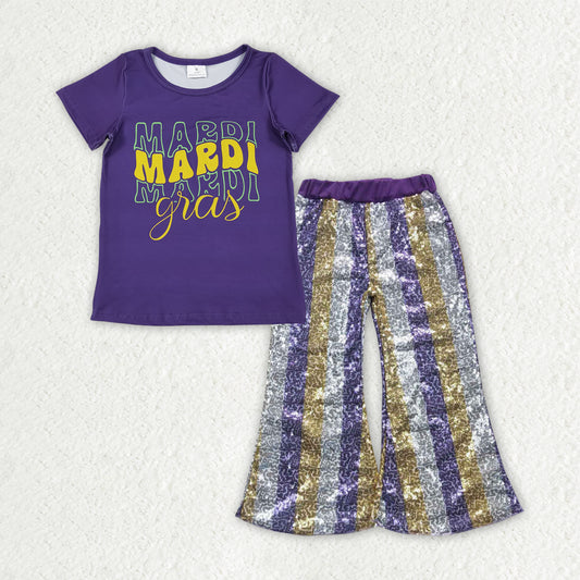 GSPO2162 Mardi Gras Letter Purple Short Sleeve Purple Gold Silver Stripe Sequin Bell Bottom Pants Girls Sets 202510 RTS