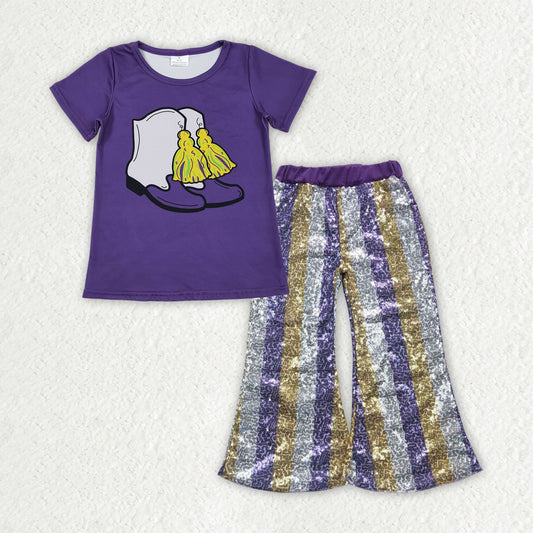 GSPO2164 Mardi Gras Boots Purple Short Sleeve Purple Gold Silver Stripe Sequin Bell Bottom Pants Girls Sets 202510 RTS