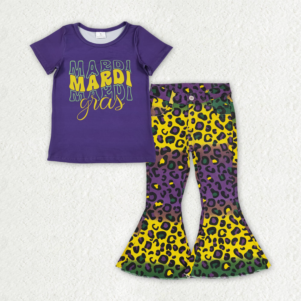 GSPO2166 Mardi Gras Letter Purple Short Sleeve Leopard Denim Bell Bottom Pants Girls Sets 202510 RTS