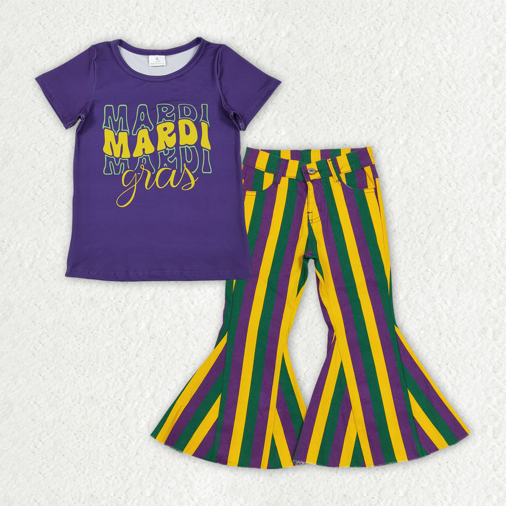 GSPO2167 Mardi Gras Letter Purple Short Sleeve Stripe Denim Bell Bottom Pants Girls Sets 202510 RTS