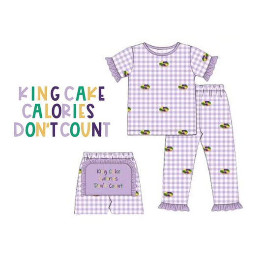 MOQ 5 preorder GSPO2171 Mardi Gras Donut Purple Plaid Ruffle Short Sleeve Pants Girls Pajama Set 202510