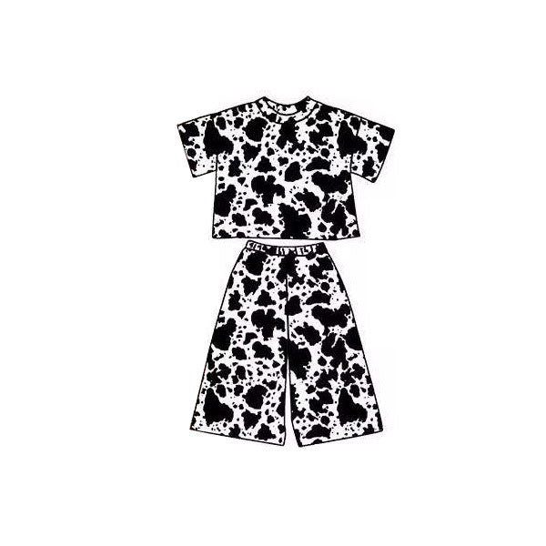 MOQ 5 PCS preorder GSPO2175 Black White Cow Print Short Sleeve Pants Girls Set 202511