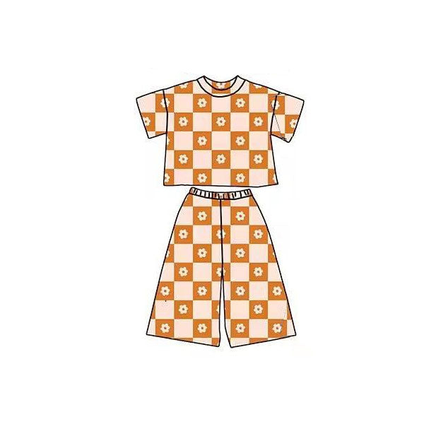 MOQ 5 PCS preorder GSPO2176 Orange Plaid Flower Short Sleeve Pants Girls Set 202511