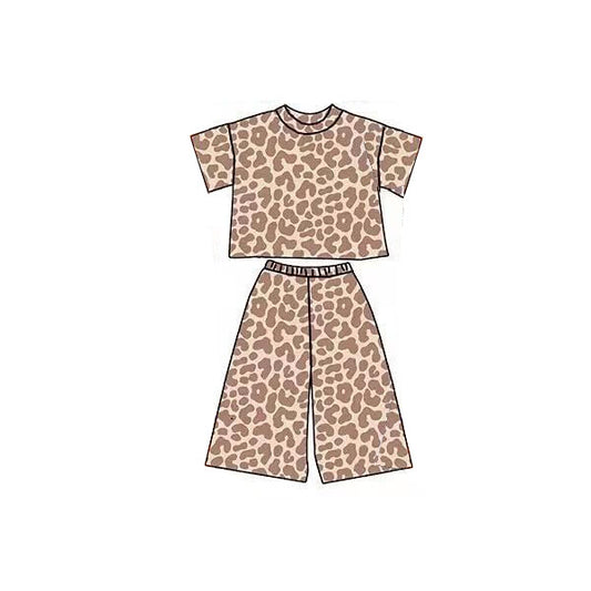 MOQ 5 PCS preorder GSPO2177 Brown Leopard Short Sleeve Pants Girls Set 202511