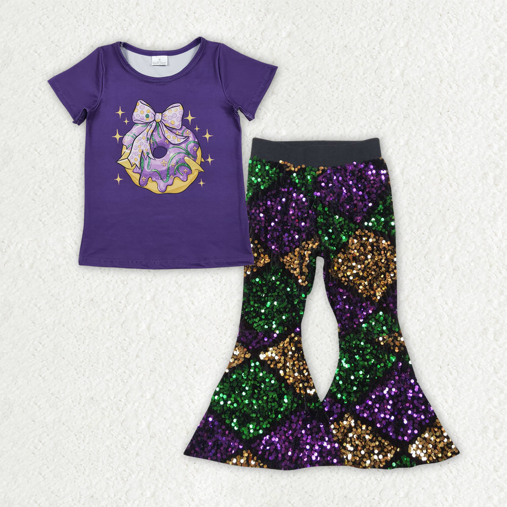 GSPO2181 Mardi Gras Bow Donuts Purple Short Sleeve Plaid Sequin Bell Bottom Pants Girls Sets 202511 RTS