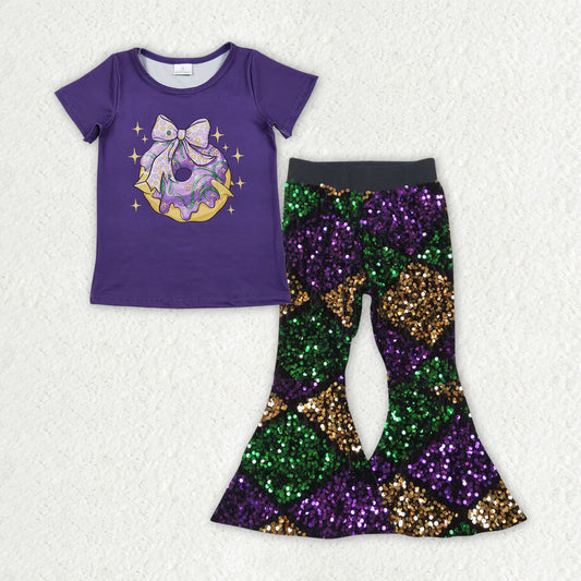 GSPO2181 Mardi Gras Bow Donuts Purple Short Sleeve Plaid Sequin Bell Bottom Pants Girls Sets 202511 RTS