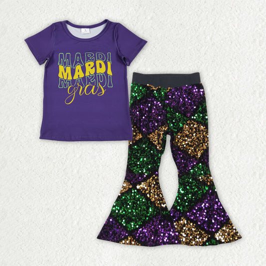 GSPO2182 Mardi Gras Letter Purple Short Sleeve Plaid Sequin Bell Bottom Pants Girls Sets 202511 RTS
