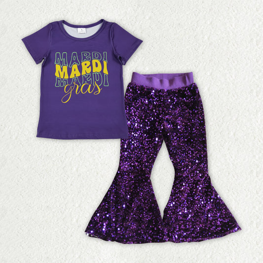GSPO2183 Mardi Gras Letter Purple Short Sleeve Sequin Bell Bottom Pants Girls Sets 202511 RTS