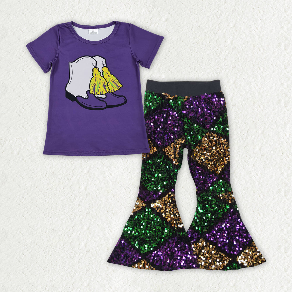 GSPO2184 Mardi Gras Boots Purple Short Sleeve Plaid Sequin Bell Bottom Pants Girls Sets 202511 RTS