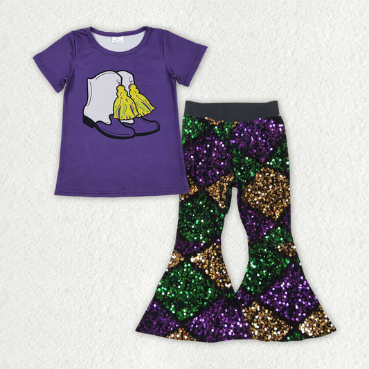 GSPO2184 Mardi Gras Boots Purple Short Sleeve Plaid Sequin Bell Bottom Pants Girls Sets 202511 RTS