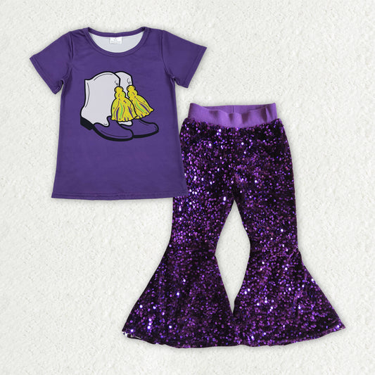 GSPO2185 Mardi Gras Boots Purple Short Sleeve Sequin Bell Bottom Pants Girls Sets 202511 RTS