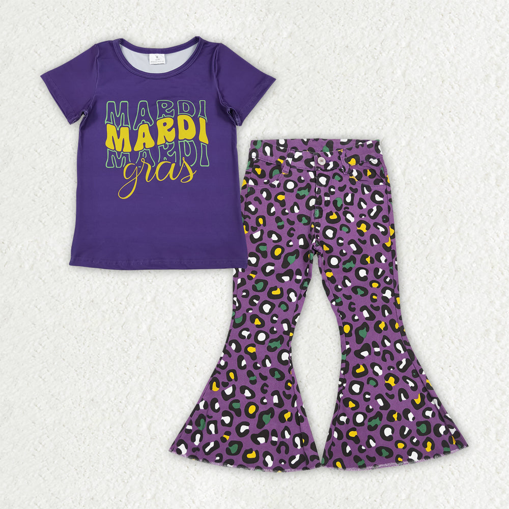 GSPO2187 Mardi Gras Letter Purple Short Sleeve Leopard Denim Bell Bottom Pants Girls Sets 202511 RTS