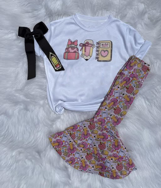 MOQ 5 PCS preorder GSPO2189 Back to School Book Pencil White Short-Sleeved Apple Pants Girls Set 202511