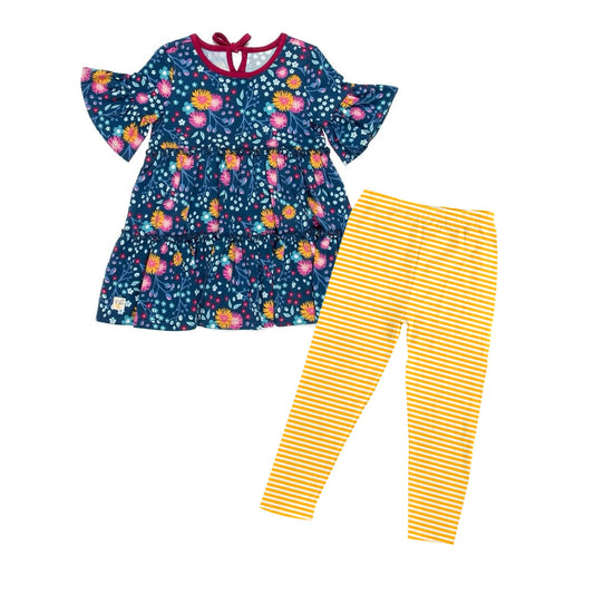 MOQ 5 PCS Preorder GSPO2192 Flower Blue Flare Short Sleeve Yellow Stripe Pants Girls Sets 202511