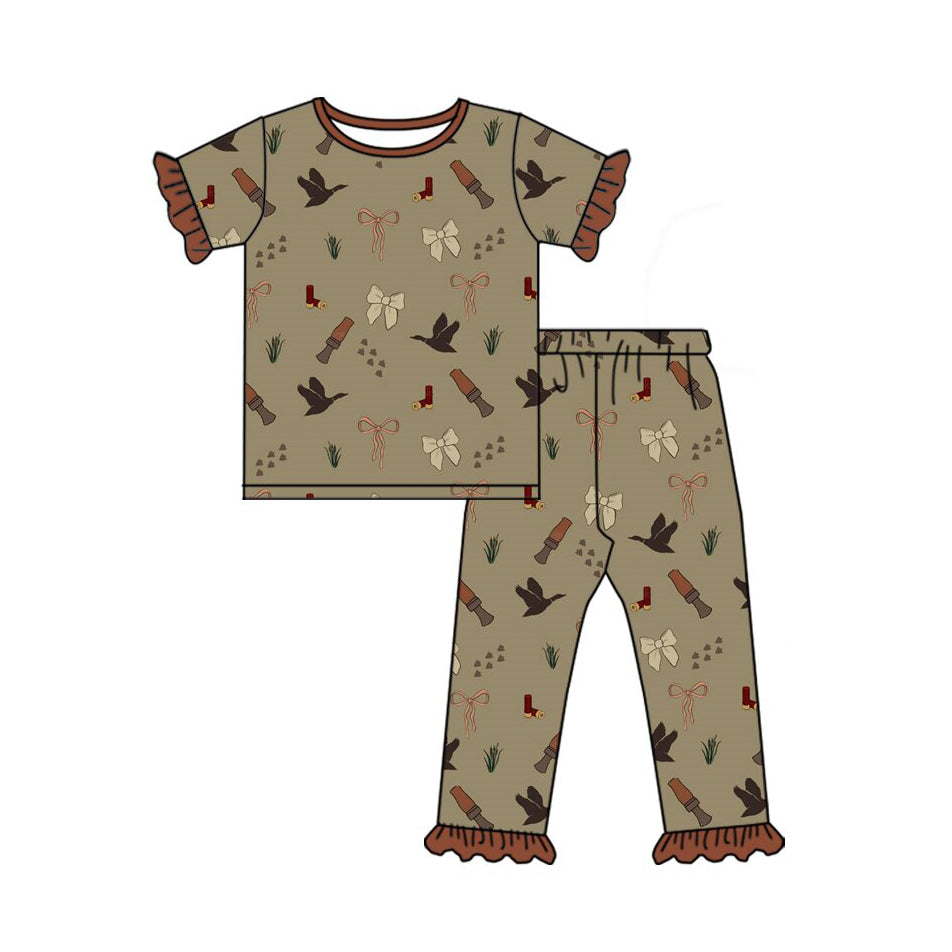 MOQ 5 PCS Preorder GSPO2195 Ducks Bows Gray Green Brown Ruffle Short Sleeve Pants Girls Pajama Set 202511