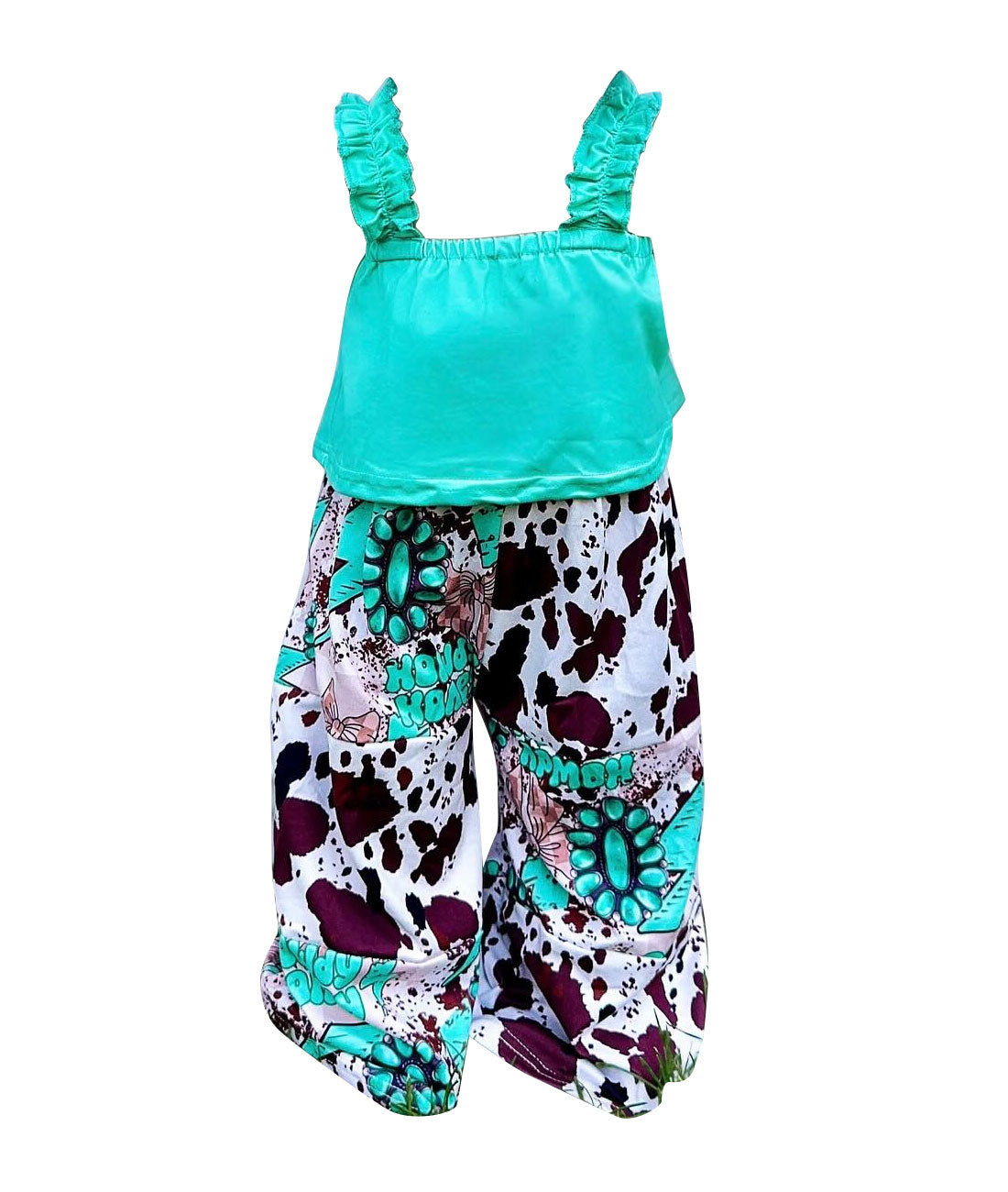 MOQ 5 PCS Preorder GSPO2201 Solid Blue Green Ruffle Vest with Cow Pattern Pants Girls Sets 202511