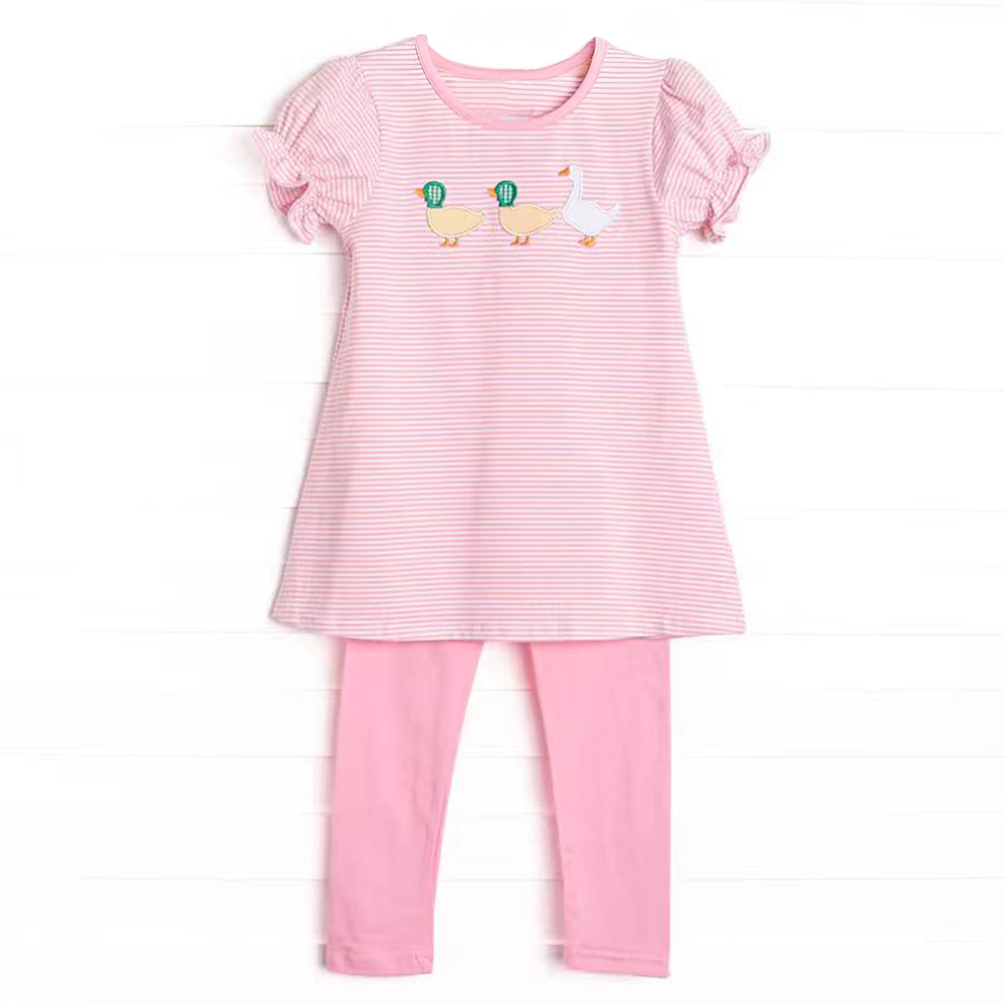 MOQ 5 PCS Preorder GSPO2202 Duck Goose Animal Pink Stripe Short Sleeve with Leggings Pants Girls Sets 202511