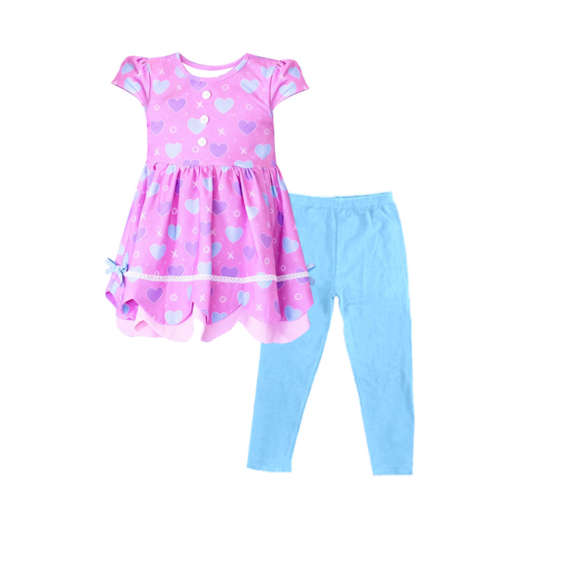 MOQ 5 PCS Preorder GSPO2206 Valentines Day Love Purple Pink Short Sleeve Blue Pants Girls Sets 202511