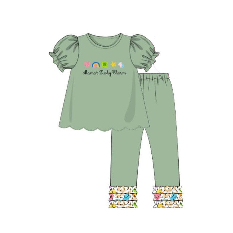 MOQ 5 PCS Preorder GSPO2208 Mama's Little Charm Rainbow Four-Leaf Clover Green Short-Sleeved Ruffle Pants Girls Sets 202511