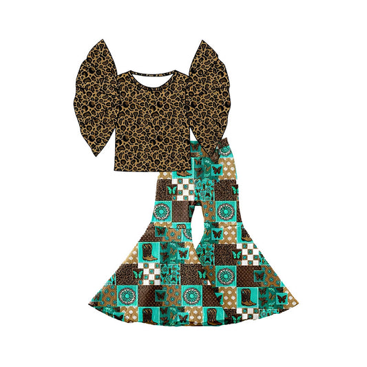 MOQ 5 PCS Preorder GSPO2211 Brown Leopard Flying Sleeve Boots Butterfly Plaid Bell Bottom Pants Girls Sets 202511