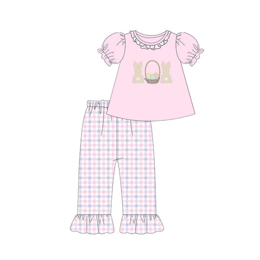 MOQ 5 PCS Preorder GSPO2214 Easter Bunny Eggs Pink Short Sleeve Plaid Pants Girls Sets 202511