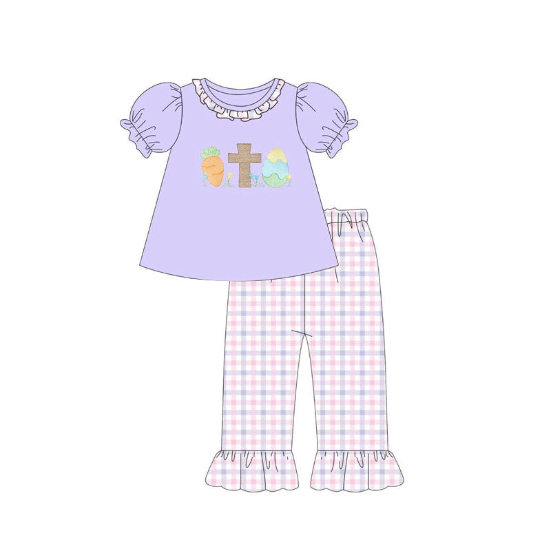 MOQ 5 PCS Preorder GSPO2215 Easter Cross Carrot Eggs Purple Short Sleeve Plaid Pants Girls Sets 202511