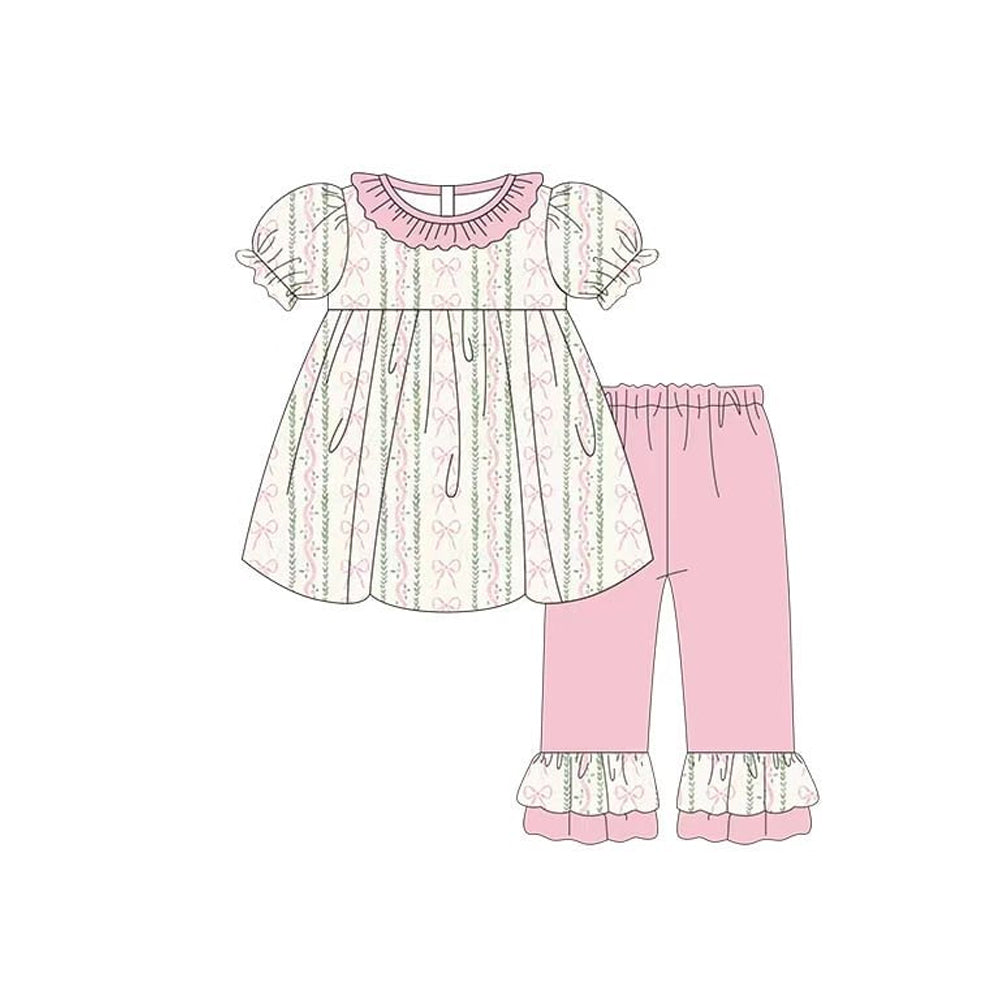 MOQ 5 PCS Preorder GSPO2218 Bows Stripe Pink Ruffle Short Sleeve Pants Girls Sets 202511