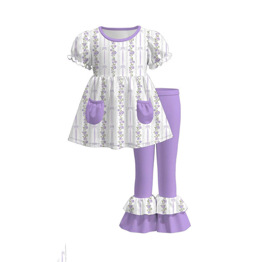 MOQ 5 PCS Preorder GSPO2220 Flower Bows Stripe Purple Pocket Short Sleeve Pants Girls Sets 202511