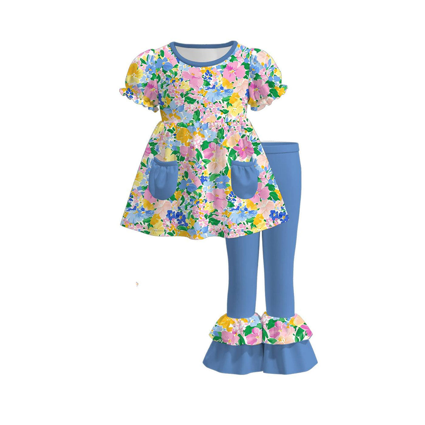 MOQ 5 PCS Preorder GSPO2221 Flower Blue Pocket Short Sleeve Pants Girls Sets 202511