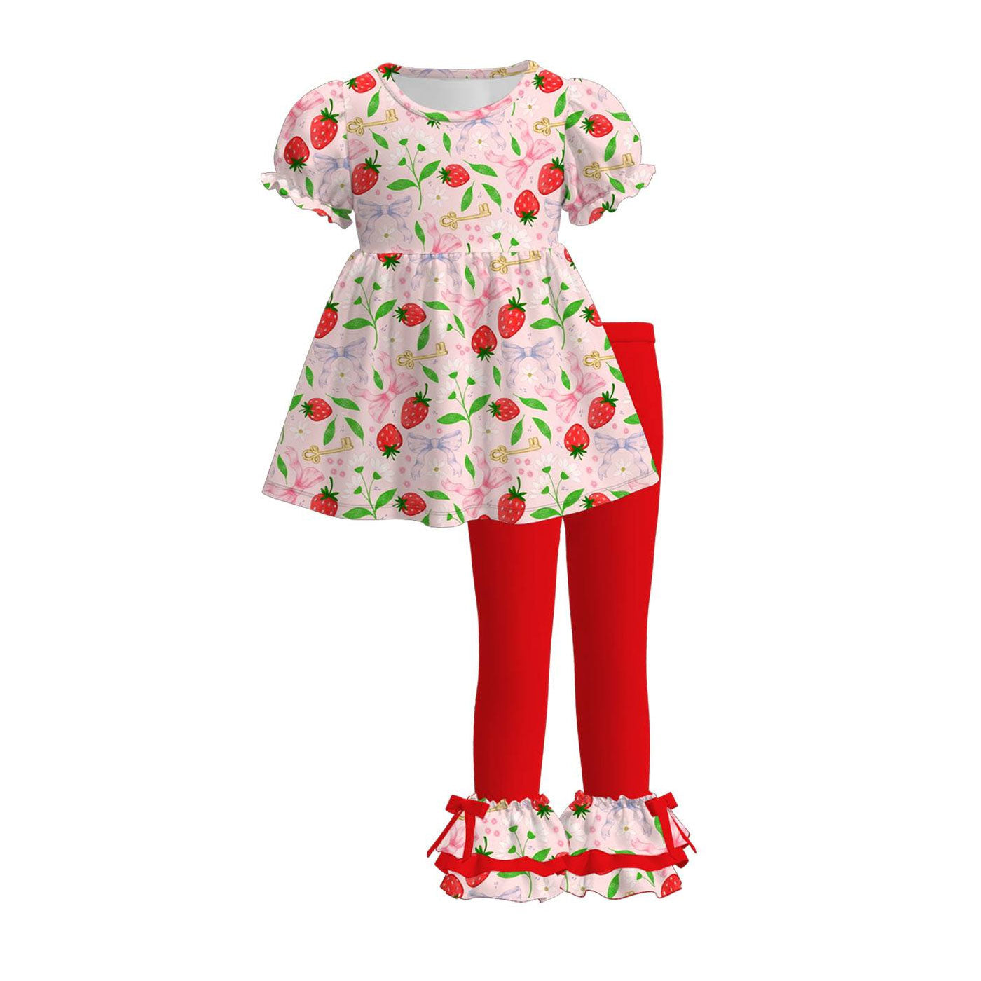 MOQ 5 PCS Preorder GSPO2222 Strawberry Bows Pink Short Sleeve Red Pants Sweet Girls Sets 202511