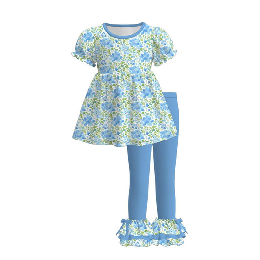 MOQ 5 PCS Preorder GSPO2223 Flower Leaf Short Sleeve Blue Pants Sweet Girls Sets 202511