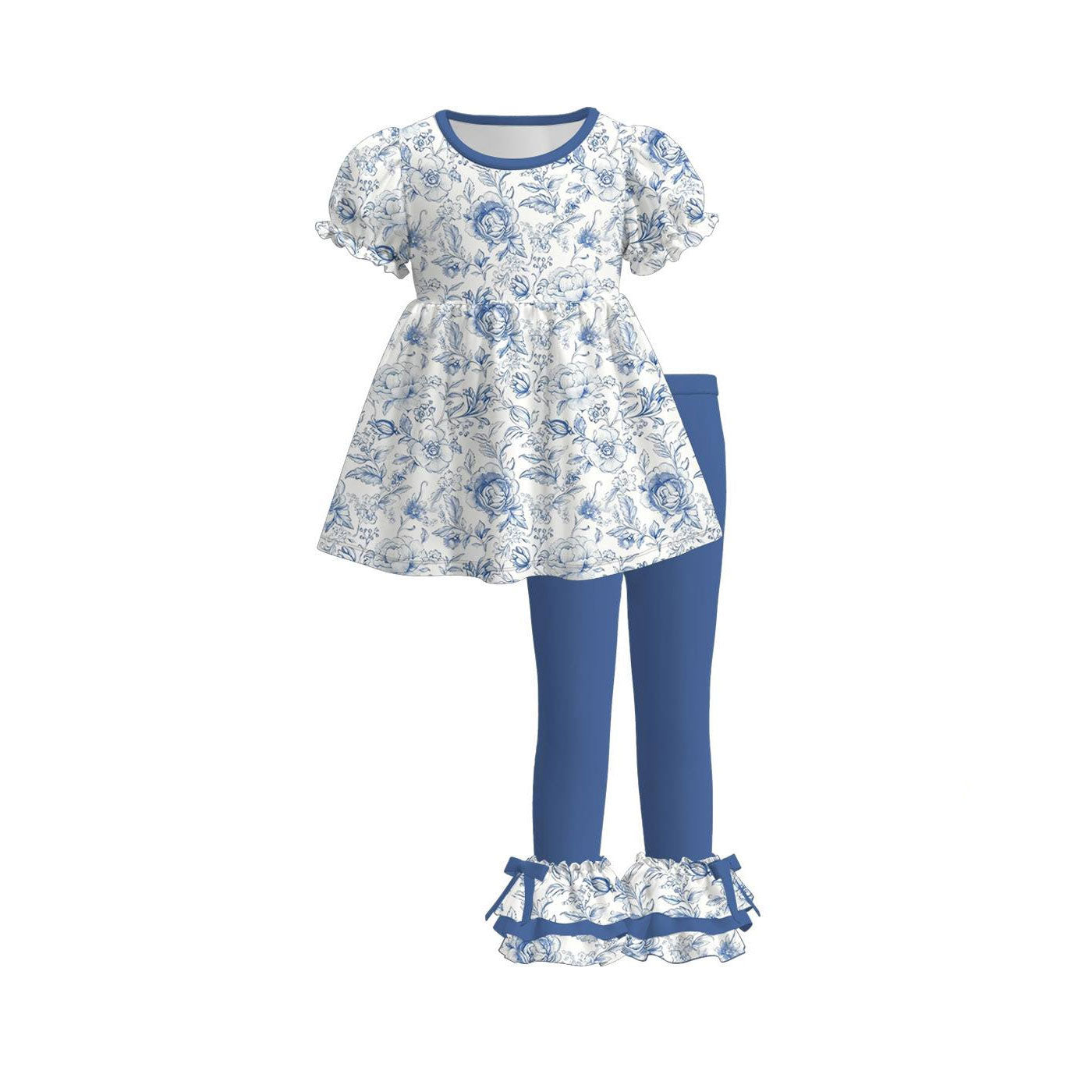 MOQ 5 PCS Preorder GSPO2224 Flower White Short Sleeve Gray Blue Pants Sweet Girls Sets 202511