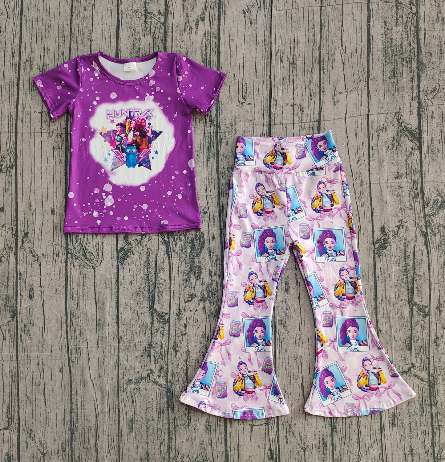 NO MOQ Preorder GSPO2227 K-POP Purple Short Sleeve Bell Bottom Pants Girls Sets 202512