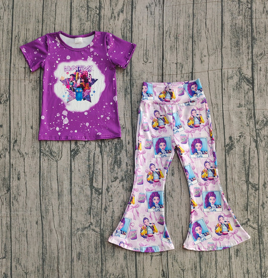 NO MOQ Preorder GSPO2227 K-POP Purple Short Sleeve Bell Bottom Pants Girls Sets 202512