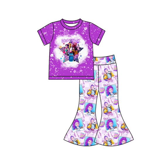 MOQ 5 PCS Preorder GSPO2227 K-POP Purple Short Sleeve Bell Bottom Pants Girls Sets 202511