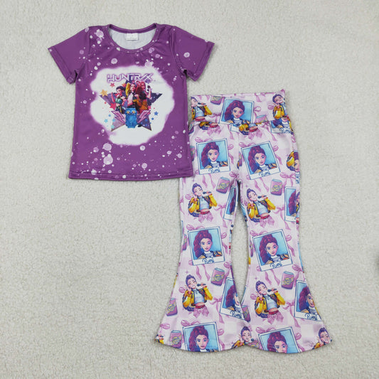 GSPO2227 K-POP Purple Short Sleeve Bell Bottom Pants Girls Sets 202512 RTS