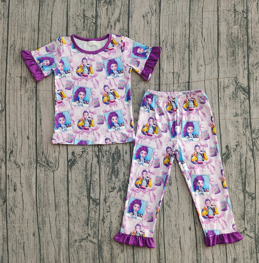 NO MOQ Preorder GSPO2228 K-POP Purple Ruffle Short Sleeve Pants Girls Pajama Set 202512
