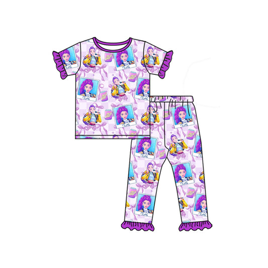 MOQ 5 PCS Preorder GSPO2228 K-POP Bows Purple Ruffle Short Sleeve Pants Girls Pajama Set 202511