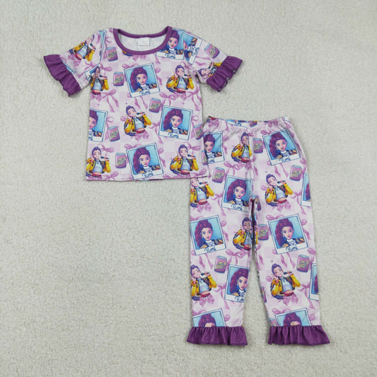 GSPO2228 K-POP Purple Ruffle Short Sleeve Pants Girls Pajama Set 202512 RTS