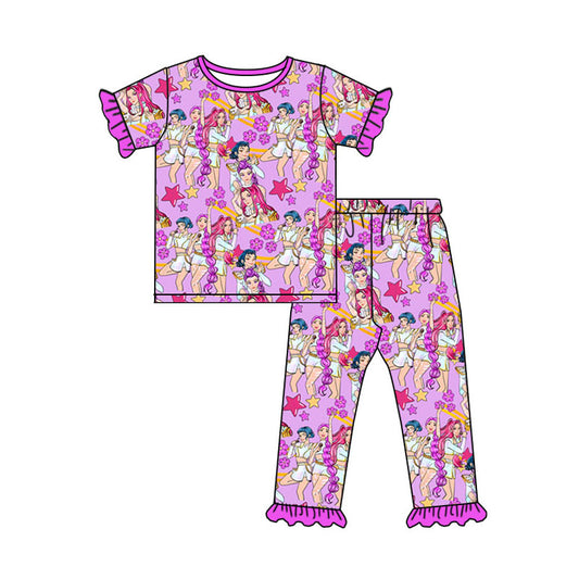 MOQ 5 PCS Preorder GSPO2229 K-POP Flower Star Purple Ruffle Short Sleeve Pants Girls Pajama Set 202511