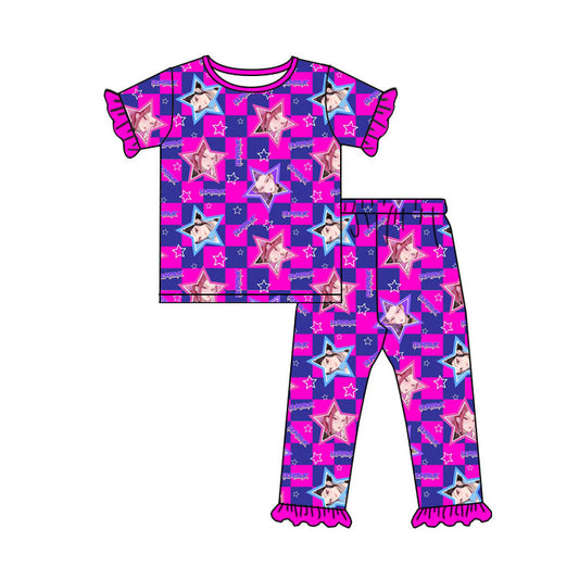 MOQ 5 PCS Preorder GSPO2230 K-POP Star Blue Purple Plaid Ruffle Short Sleeve Pants Girls Pajama Set 202511