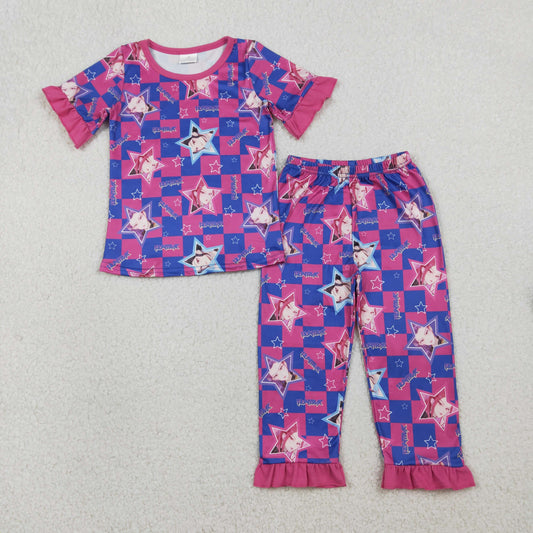 GSPO2230 K-POP Star Blue Purple Plaid Ruffle Short Sleeve Pants Girls Pajama Set 202601 RTS