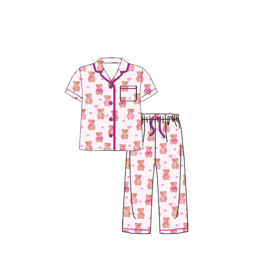 MOQ 5 PCS preorder GSPO2232 Adult Female Valentines Day Bear Love Pink Buttons Short Sleeve Pants Pajama Set 202511